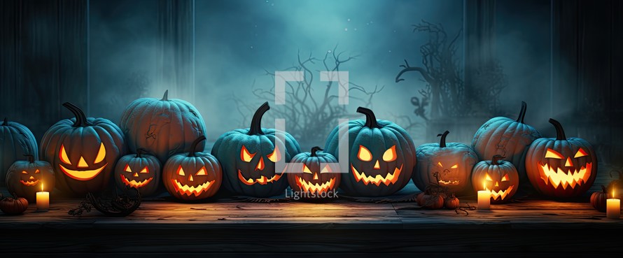 Halloween pumpkins with scary faces on wooden background, 3d render