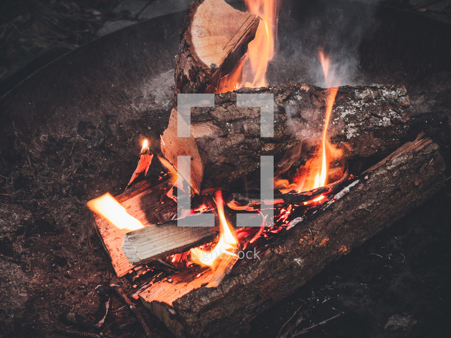 Logs of wood burning in a bonfire