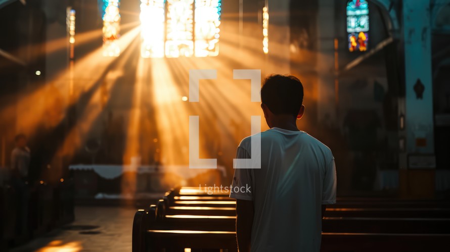 Sunlit prayer. Young man praying in the church in the sunbeams shining through the window.