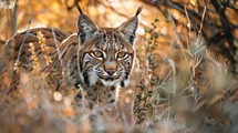 A close-up view of a cat, likely a Bobcat, stealthily stalking through a field of green grass, showcasing its natural hunting instincts and attentiveness.