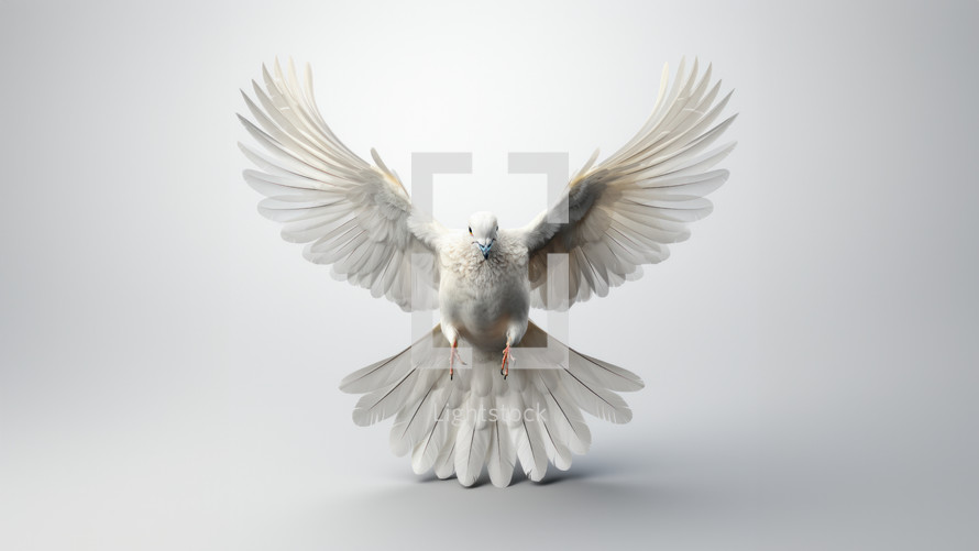 A white dove spreads its wings in a white studio