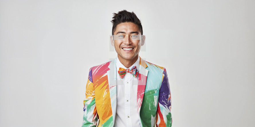 Cheerful young Asian American man in colorful suit and bow tie, laughing on white background.
