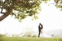 bride and groom standing together under a tree