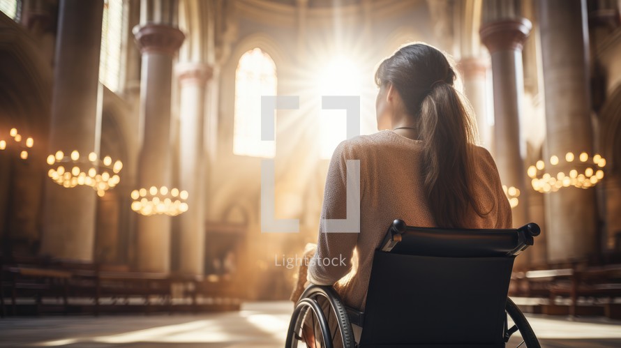Young woman in a wheelchair in a church interior. Back view.