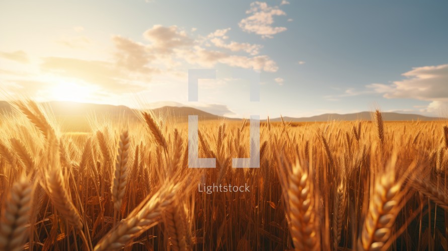 Generative AI Expansive wheat fields bathed in golden sunlight, showcasing the ripening wheat crops swaying gently in the breeze.