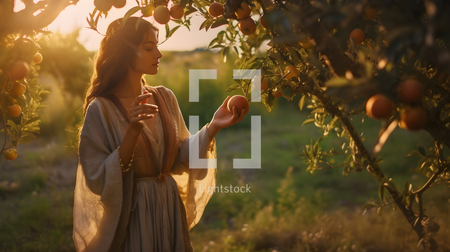 Eve picks the forbidden fruit in the Garden of Eden during sunset. 