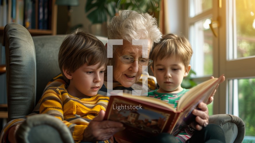 An older woman, likely a grandmother, sits with two young children, reading a book to them. The scene conveys warmth and a connection between generations.