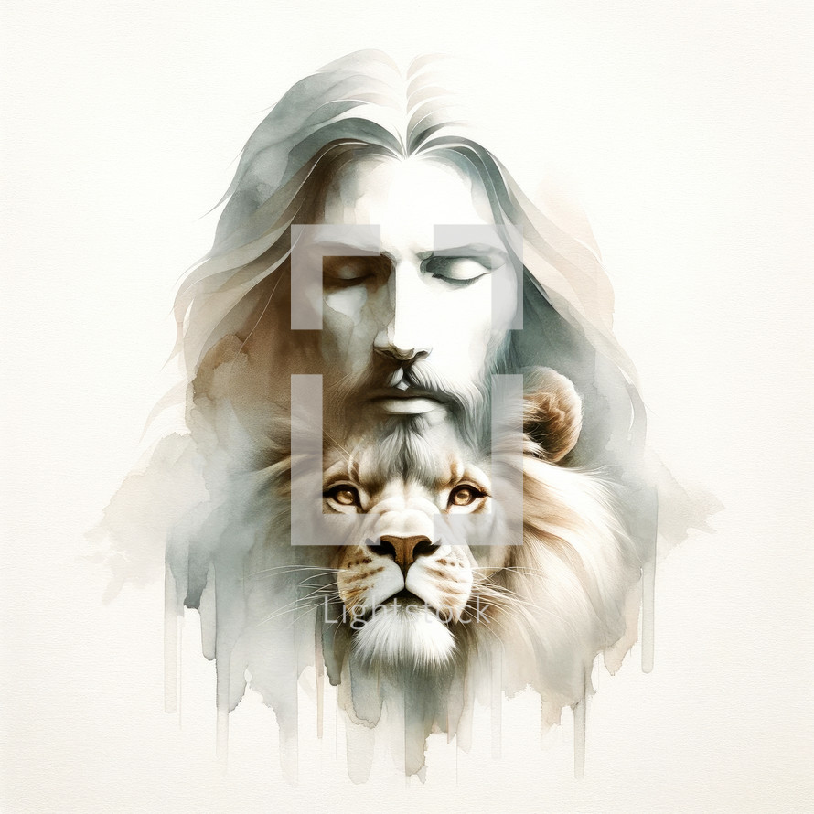  Lion and Jesus, digital painting on a white background.