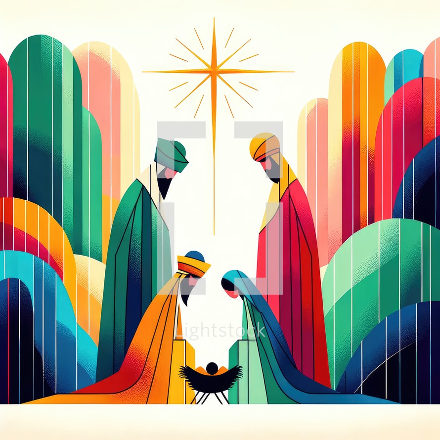 Colorful nativity scene with the three wise men