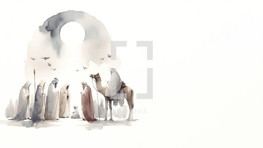 Watercolor painting of the visit of the Three Wise Men