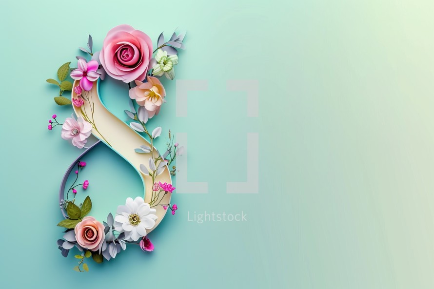 Number 8 made of flowers and leaves on blue background with copy space, woman day concept