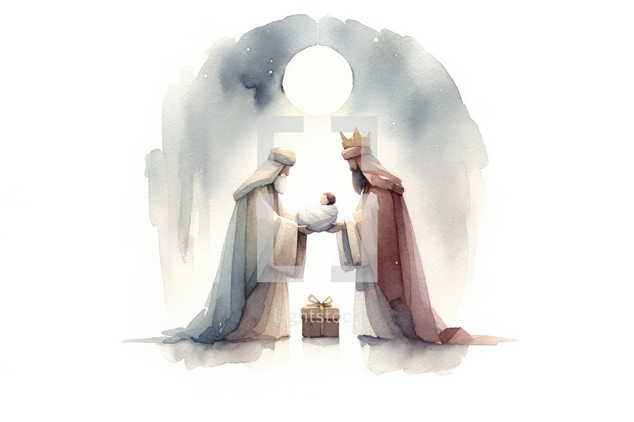 Nativity scene with Jesus and the wise men. Digital watercolor illustration