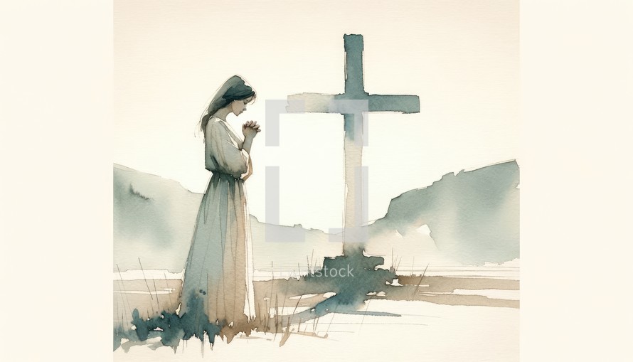 Illustration of a woman praying in front of a cross