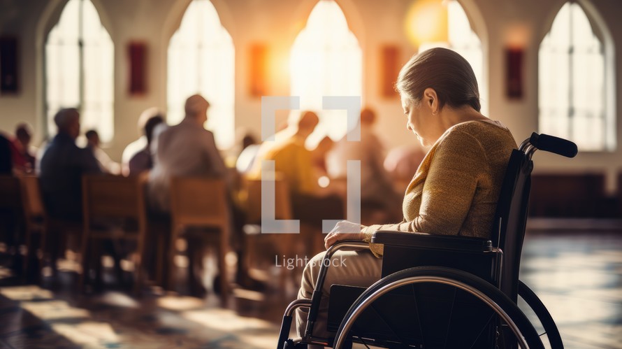 Elderly woman in a wheelchair in a church. Selective focus.