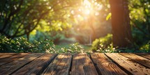 Wooden table in the garden with sunlight and bokeh background