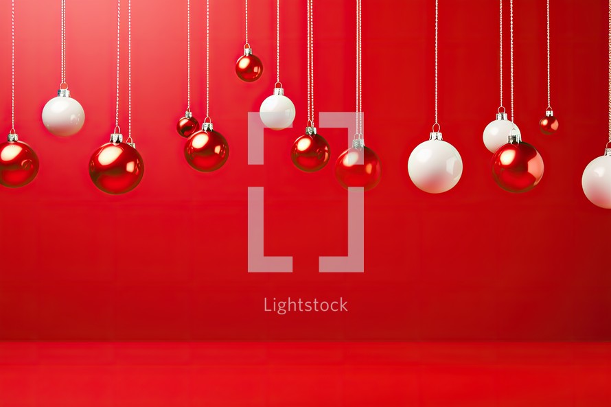 Christmas background with red and white baubles hanging on a red wall