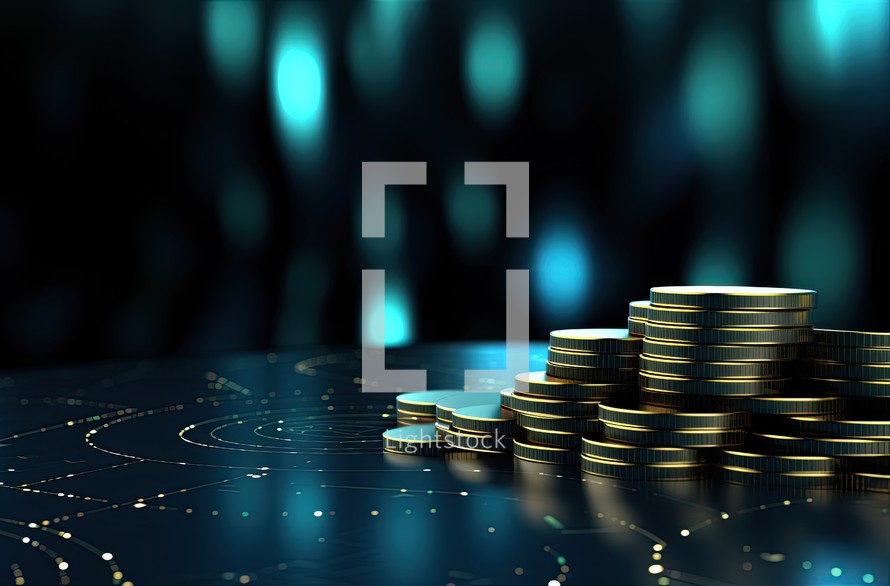 3d illustration of coins stack over blue background with bokeh