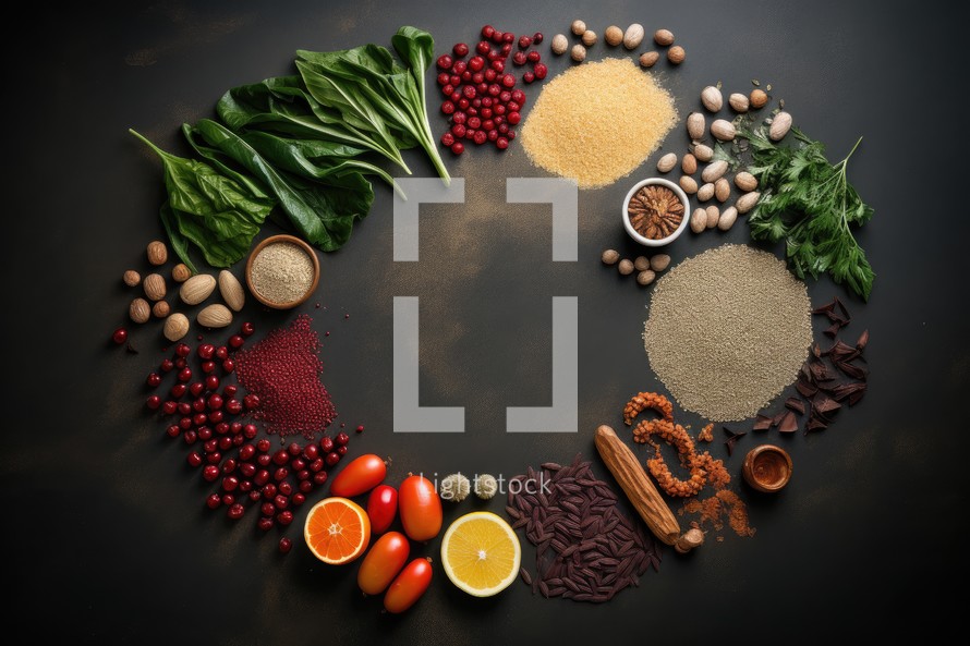 Healthy food background with herbs and spices. Top view with copy space