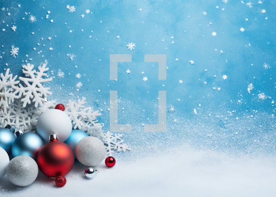 Christmas background with snowflakes and baubles on blue background