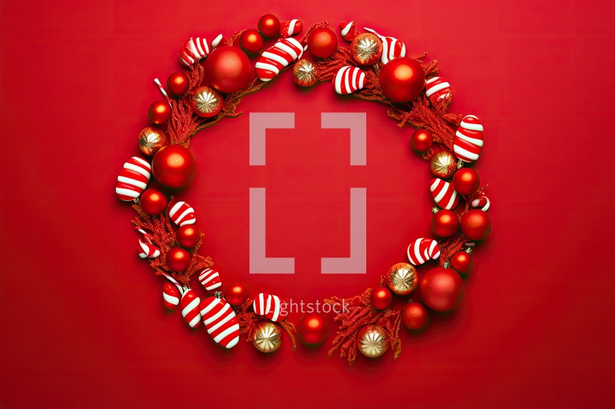 Christmas wreath with red and gold baubles on red background