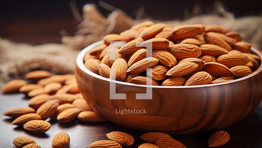 Almond nuts in wooden bowl on wooden background. Healthy food concept.
