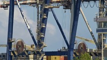 Cranes load and unload containers from cargo ships