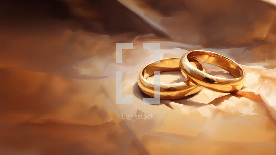 Two gold wedding rings on a fabric with copy space