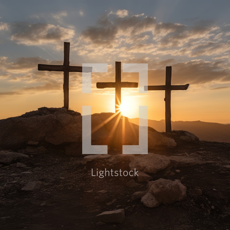 Three wooden crosses on a hill of stones, symbolizing the crucifixion of Jesus against a backdrop of the setting sun
