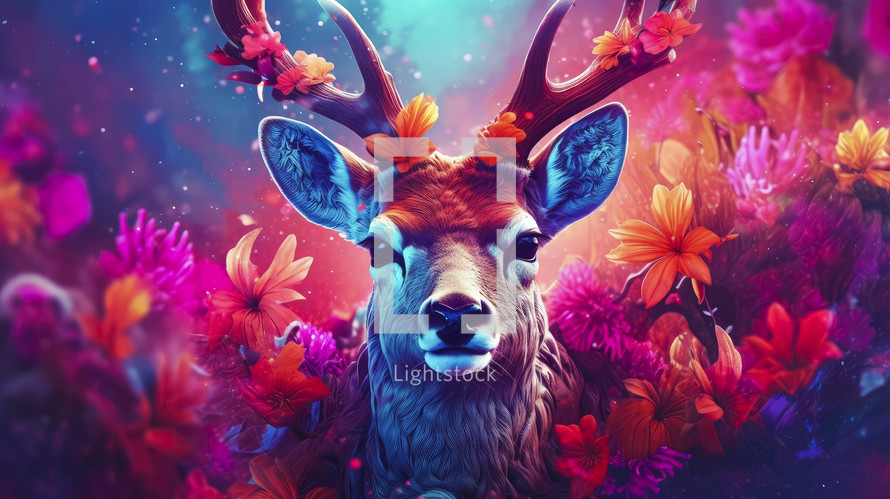Close-up portrait of a majestic deer in fantasy background. Wildlife animals.