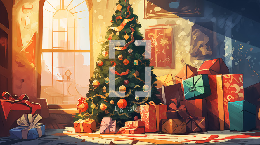 Warmly lit Christmas tree surrounded by colorful gifts, capturing the festive spirit in a cozy interior.