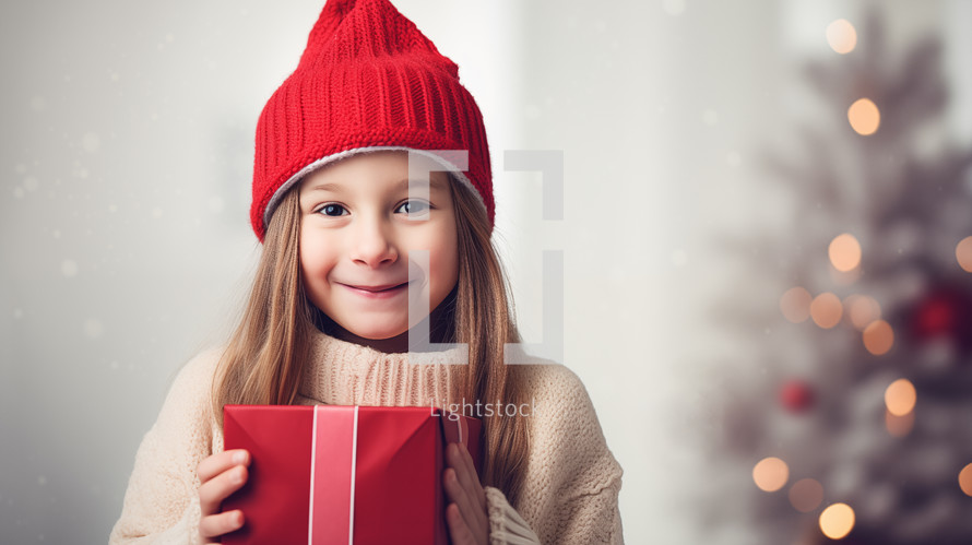 Small cute child with christmas hat holding a present gift. Christmas holiday concept.