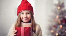 Small cute child with christmas hat holding a present gift. Christmas holiday concept.