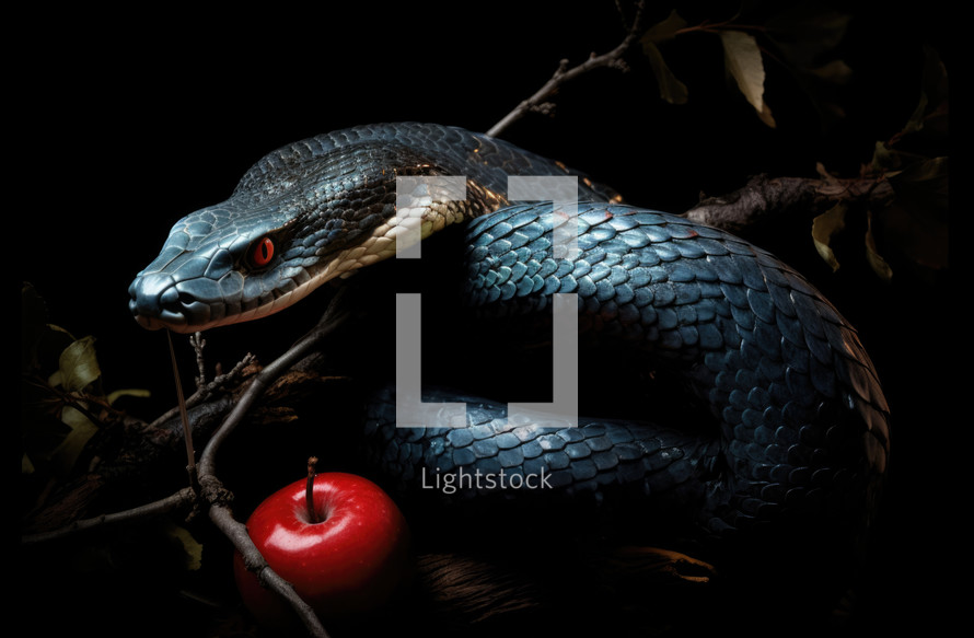 The original sin, the forbidden fruit. Close up of snake on tree branch with red apple on black background