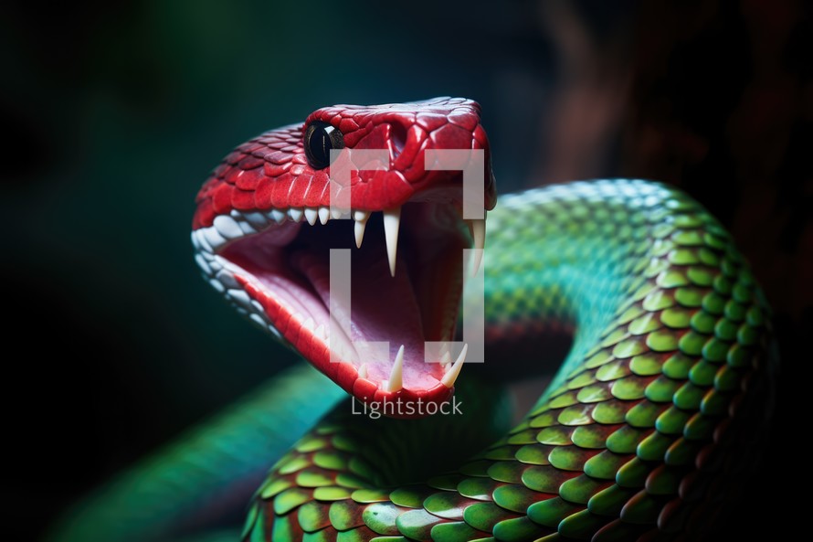 The original sin. Close-up of a green snake with open mouth and sharp teeth