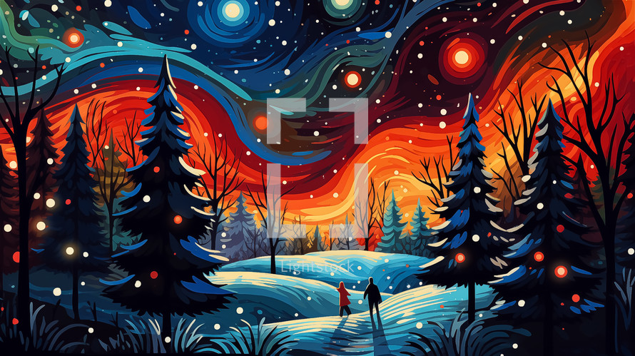 Whimsical winter scene illustration with vibrant sunset hues, snowy landscape, pine trees, and silhouettes of two people walking.