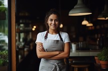 Middle Eastern waitress with crossed arms standing in cafe looking to camera
