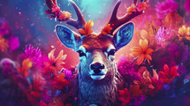 Close-up portrait of a majestic deer in fantasy background. Wildlife animals.