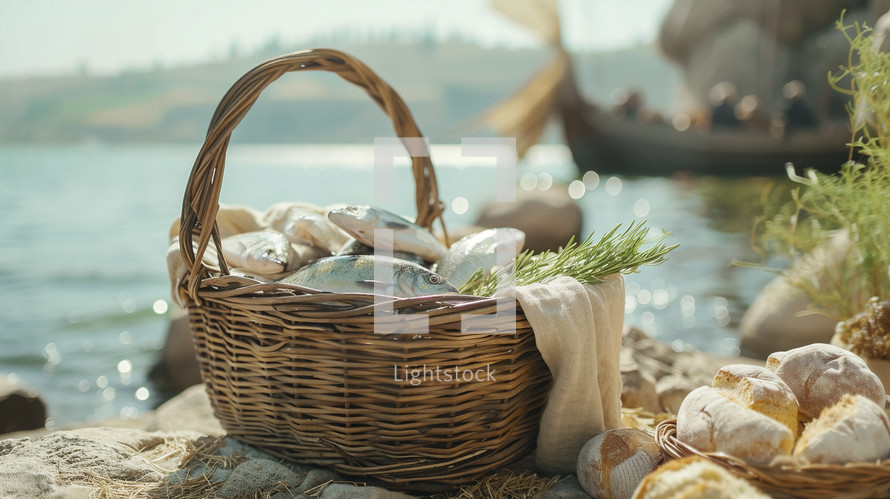 A picturesque basket filled with fresh fish and bread by the sea, evoking the miracle of the loaves and fishes.