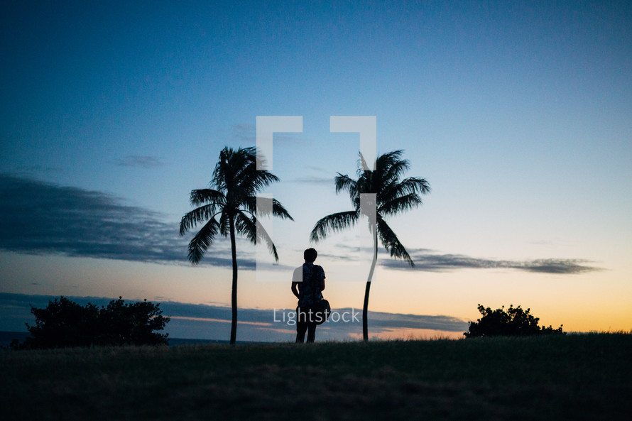 silhouette of a man standing between two palm trees 