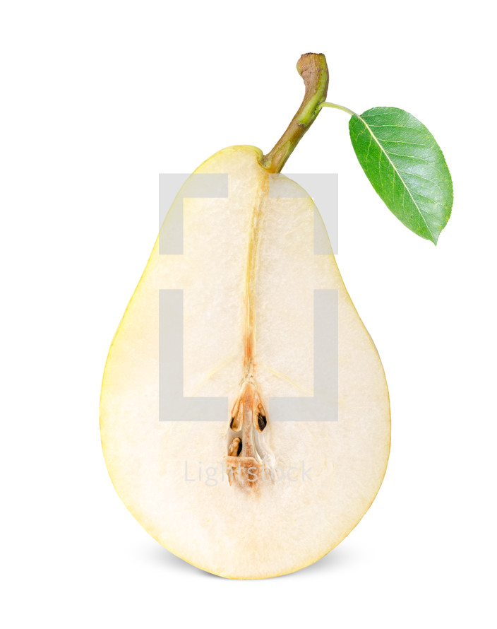half ripe pear isolated on white background
