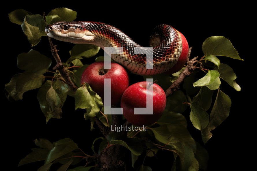 The original sin, the forbidden fruit. Red striped snake and red apple on tree branch isolated on black background