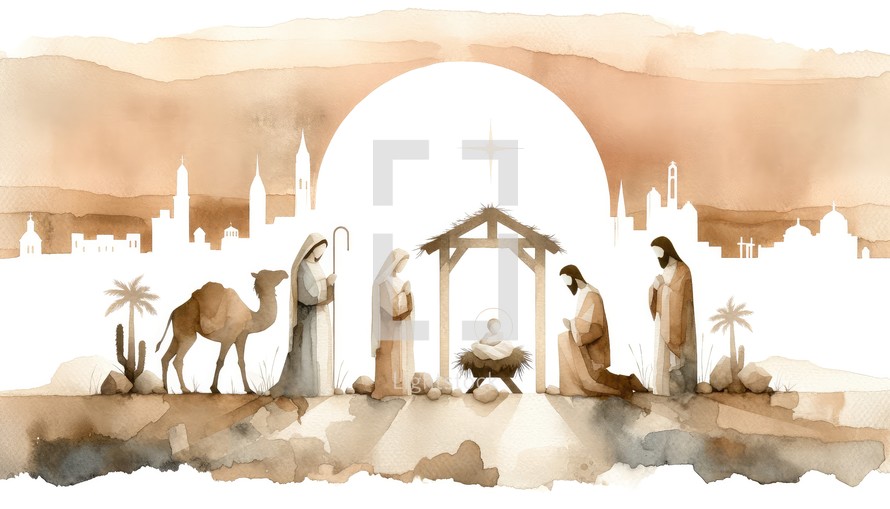 Watercolor illustration of Christmas Nativity Scene. Neutral tone palette