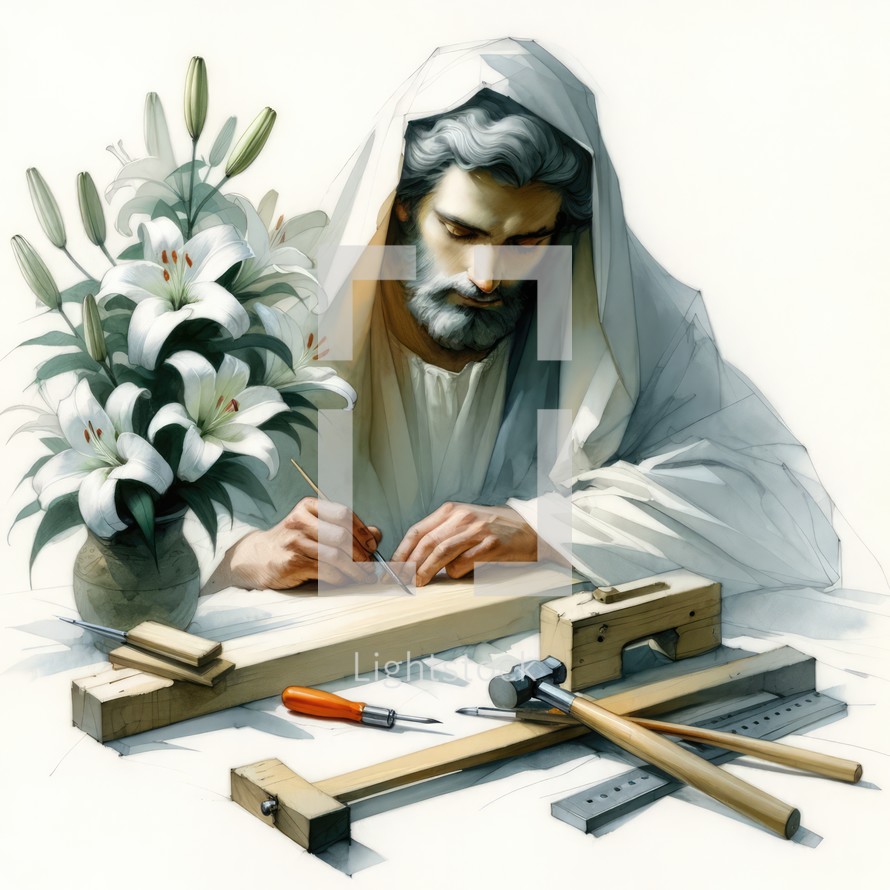 Painting of Saint Joseph with lily flower and tools for crafting