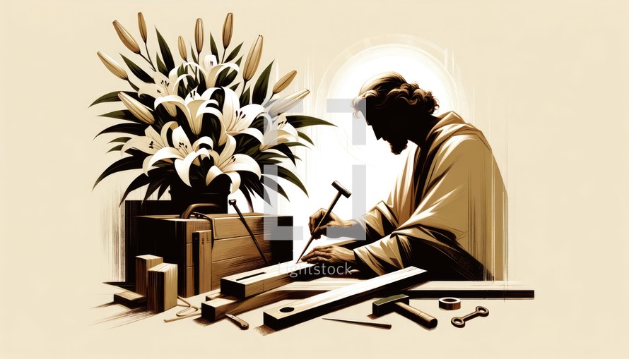 Drawing of Saint Joseph with lilies working in a woodcarving workshop.
