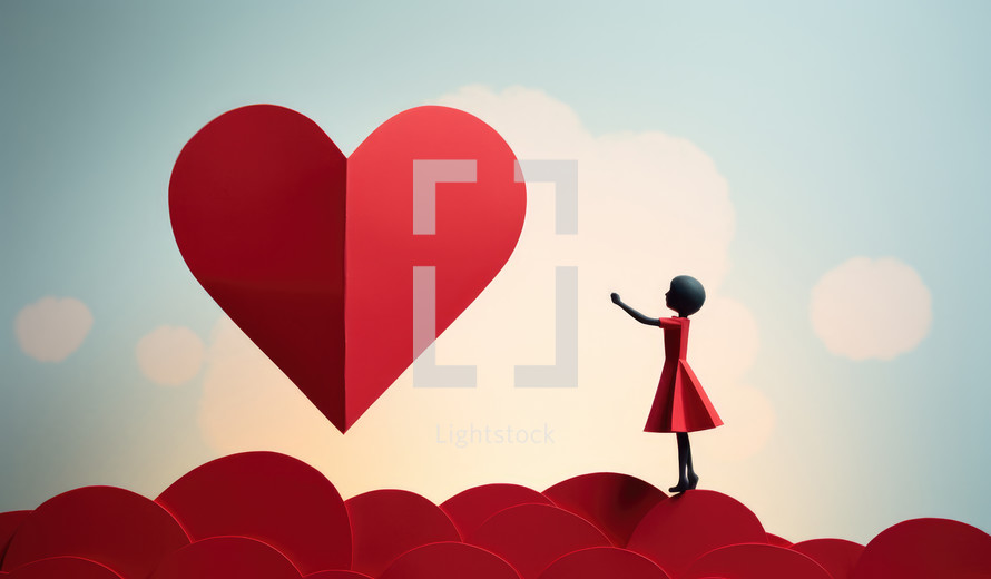 Red paper heart and woman on sky background
