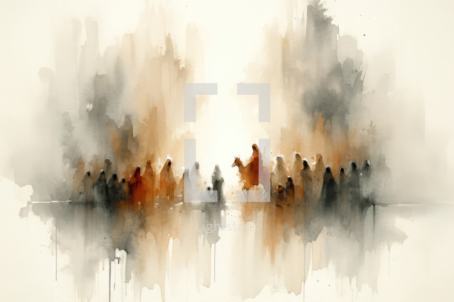 Followers of Jesus.  Watercolor background. Digital art painting. 