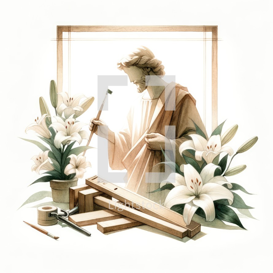 Painting of Saint Joseph with lilies working wood 