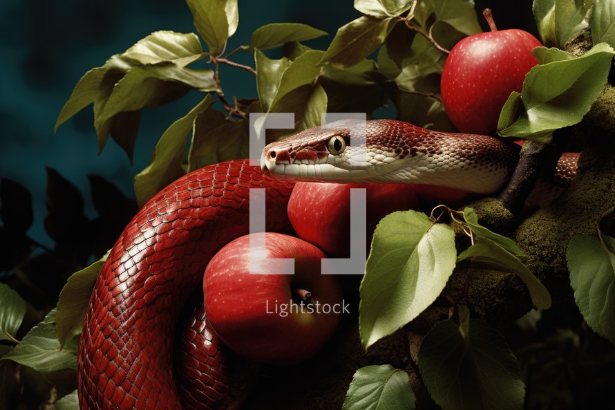 The original sin, the forbidden fruit. Red snake with apples on a tree