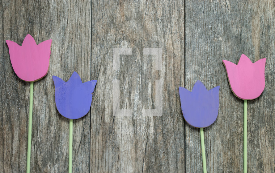 wooden purple and pink tulips 