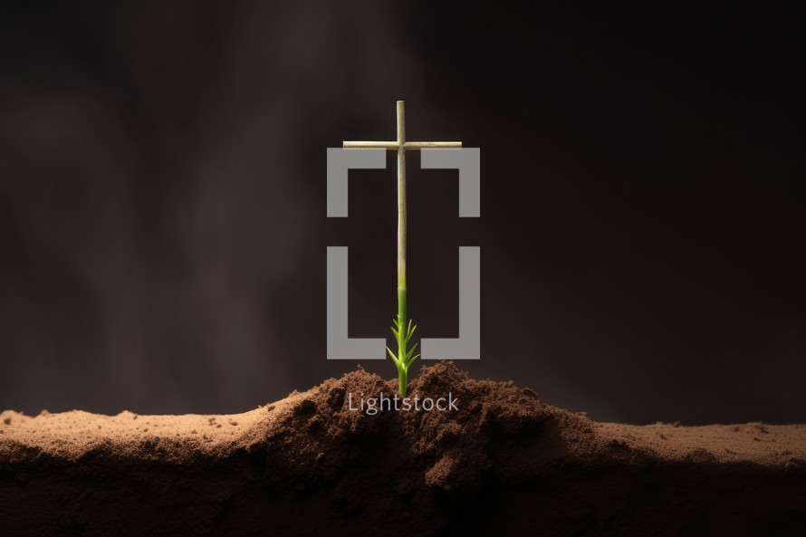 Cross in the soil with a green sprout on a dark background